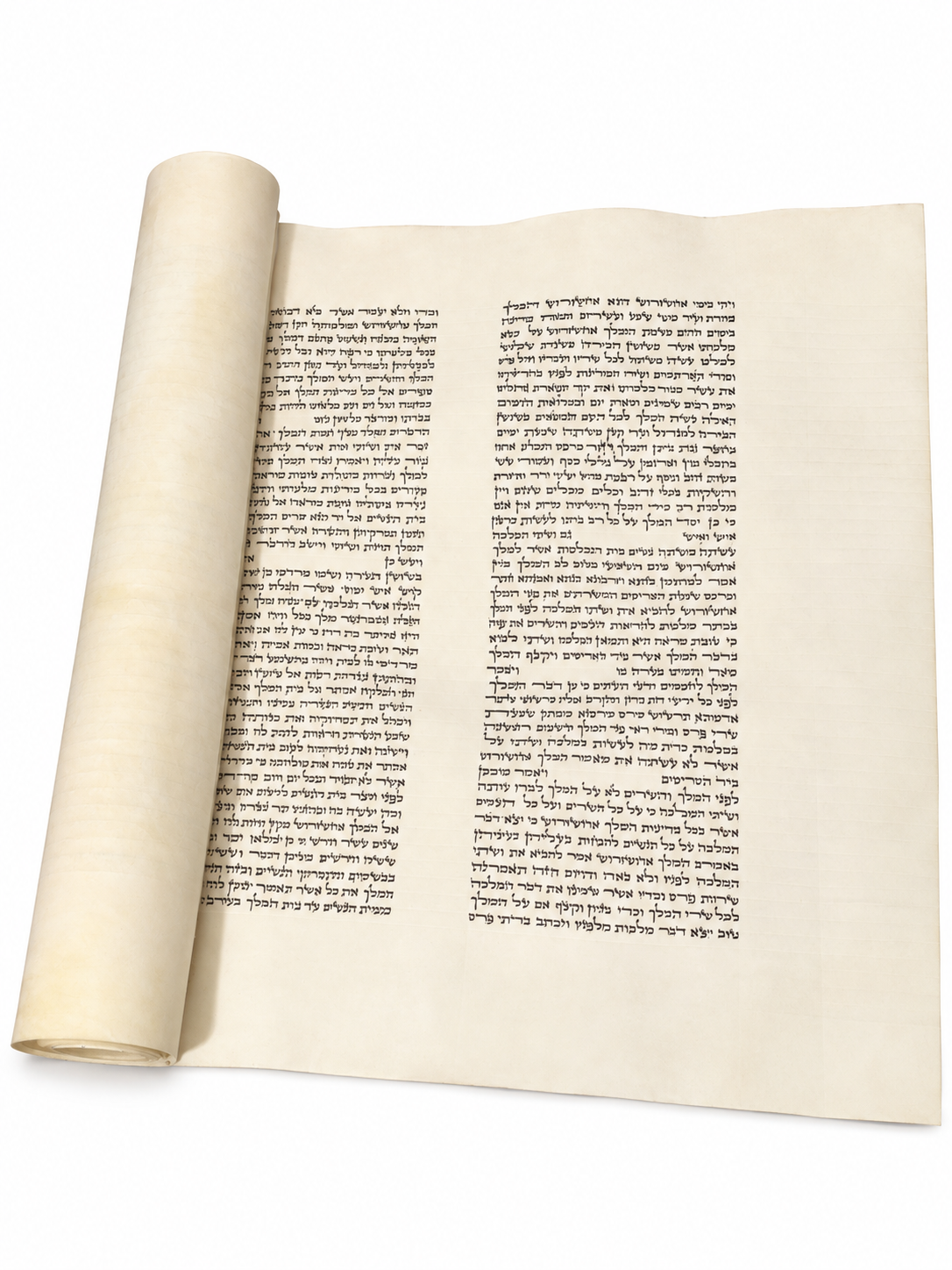 An open parchment Megillah with a rolled edge